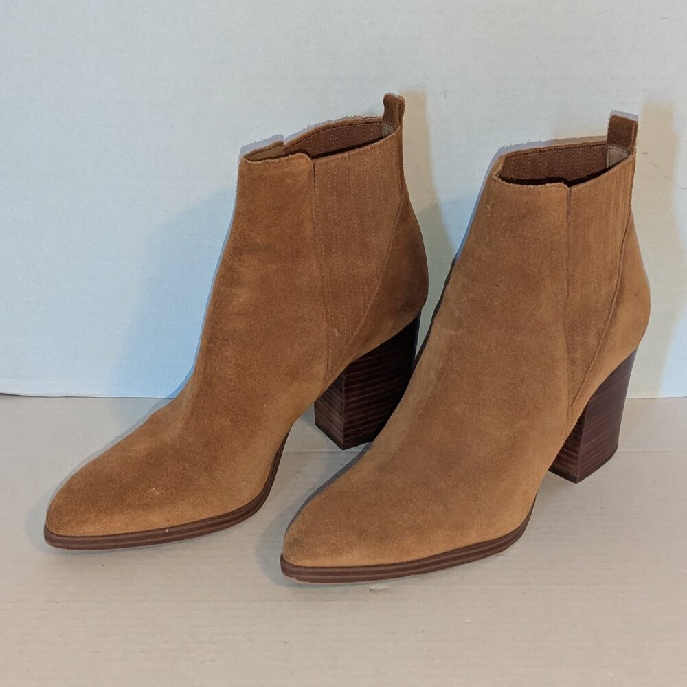 Marc Fisher Alva 9.5M Brown Suede Leather Pointy Toe Woodblock Heel Ankle Boots